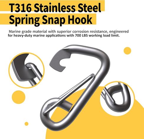 T316 Stainless Steel Spring Snap Hook, Marine Grade Safety Carabiner, Heavy Duty Boat Hook with Eye, for Ship Yacht Sailing in Kuwait
