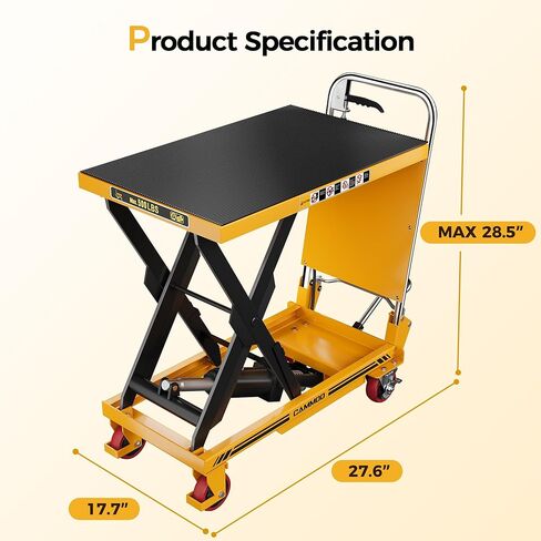 Foldable Hydraulic Lift Table Cart, 330lbs Capacity, 28.5" Lifting Height, Single Scissor Lift with Non-Slip Pad & Thickened Scissors Design for Material Handling and Transportation, Yellow in Kuwait