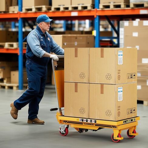 Foldable Hydraulic Lift Table Cart, 330lbs Capacity, 28.5" Lifting Height, Single Scissor Lift with Non-Slip Pad & Thickened Scissors Design for Material Handling and Transportation, Yellow in Kuwait