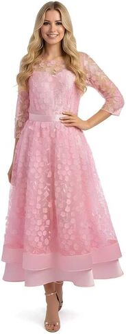 Womens Plus Size 3D Posy Floral Fall Dress 3/4 Sleeve Wedding Guest Cocktail Formal Party Ball Gown Midi Dress in Saudi Arabia