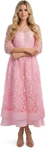 Womens Plus Size 3D Posy Floral Fall Dress 3/4 Sleeve Wedding Guest Cocktail Formal Party Ball Gown Midi Dress in Saudi Arabia
