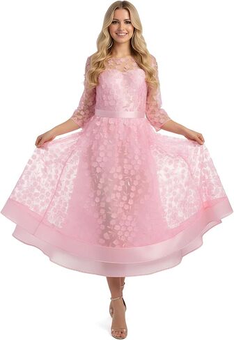 Womens Plus Size 3D Posy Floral Fall Dress 3/4 Sleeve Wedding Guest Cocktail Formal Party Ball Gown Midi Dress in Saudi Arabia