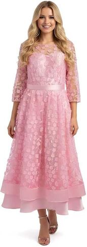 Womens Plus Size 3D Posy Floral Fall Dress 3/4 Sleeve Wedding Guest Cocktail Formal Party Ball Gown Midi Dress in Saudi Arabia
