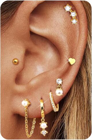 thunaraz 14k الذهب هوب أقراط للنساء العصرية غير تشويه المكدس الأقراط هيبوالرجينيك الغضروف القرط مجموعات لثقب متعددة لذيذ اللؤلؤ سلسلة قطرة تتدلى القرط in Kuwait