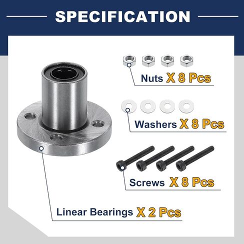uxcell LMF8UU Linear Ball Bearings 8mm Bore 15mm OD 24mm Length Round Flange Nickel Plated with Screws for CNC Machine 3D Printer 2pcs in Saudi Arabia
