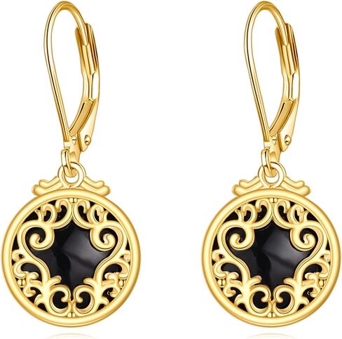 Sterling Silver and 18K Yellow Gold Plated Filigree Drop Earrings with Black Onyx Stone - Leverback Design, Perfect for Women's Jewelry Gifts in Saudi Arabia