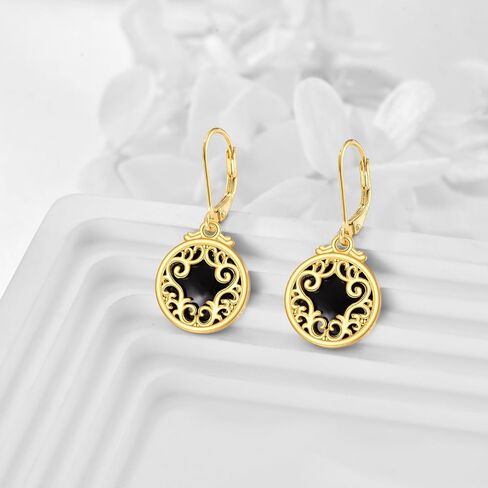 Sterling Silver and 18K Yellow Gold Plated Filigree Drop Earrings with Black Onyx Stone - Leverback Design, Perfect for Women's Jewelry Gifts in Saudi Arabia