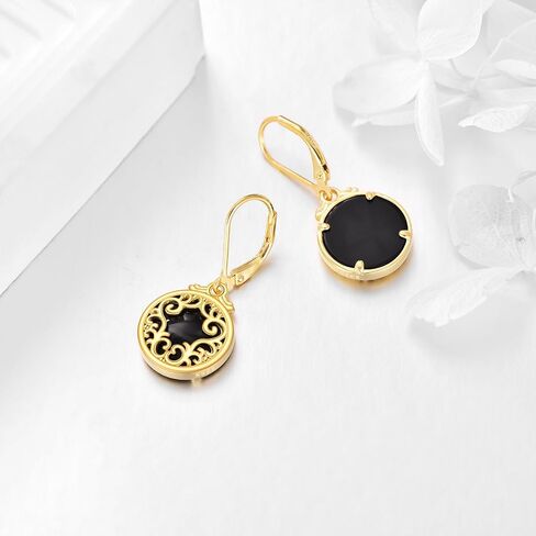 Sterling Silver and 18K Yellow Gold Plated Filigree Drop Earrings with Black Onyx Stone - Leverback Design, Perfect for Women's Jewelry Gifts in Saudi Arabia