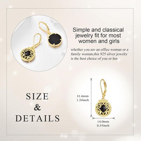Sterling Silver and 18K Yellow Gold Plated Filigree Drop Earrings with Black Onyx Stone - Leverback Design, Perfect for Women's Jewelry Gifts in Saudi Arabia