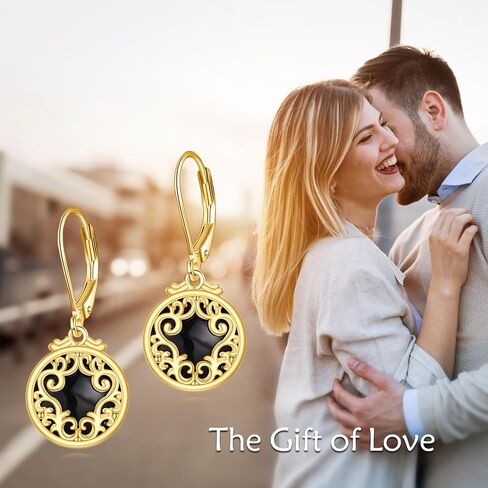 Sterling Silver and 18K Yellow Gold Plated Filigree Drop Earrings with Black Onyx Stone - Leverback Design, Perfect for Women's Jewelry Gifts in Saudi Arabia