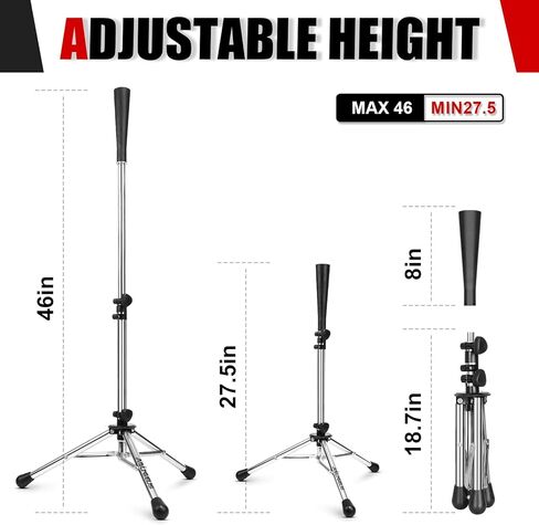 Tee Baseball Batting Tee Softball Tee Travel Teeat Tee ، ارتفاع قابل للتعديل سهل ، حامل ثلاثي القوائم مستقر (Tee Baseball ، Hue Steel) in Kuwait