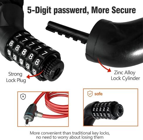 قفل سلسلة الدراجة مكون من 5 أرقام، قفل سلسلة دراجات مضاد للسرقة شديد التحمل بطول 4 أقدام قابل لإعادة الضبط مع غطاء واقي وغطاء غبار للدراجات للبالغين، والدراجات الإلكترونية، والدراجات البخارية، والدراجات النارية، والبوابات والأسوار in Saudi Arabia