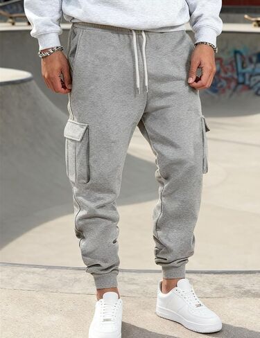 Men's Casual Cargo Pants Workout Joggers Stretch Sweatpants Lounge Athletic Pants Drawstring Pants with Pockets in Kuwait