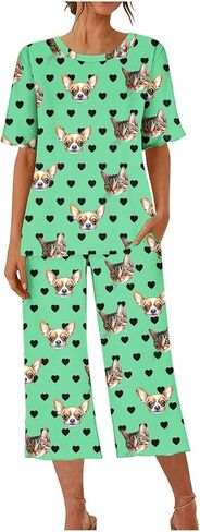 Valentines Pajamas for Women Personalized Capri Pajama Set Cute Heart Custom Photo Short Sleeve Sleepwear with Pocket in Saudi Arabia