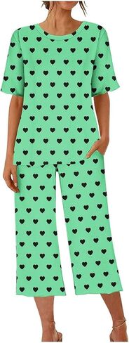 Valentines Pajamas for Women Personalized Capri Pajama Set Cute Heart Custom Photo Short Sleeve Sleepwear with Pocket in Saudi Arabia