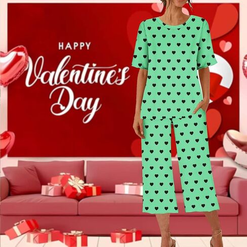 Valentines Pajamas for Women Personalized Capri Pajama Set Cute Heart Custom Photo Short Sleeve Sleepwear with Pocket in Saudi Arabia
