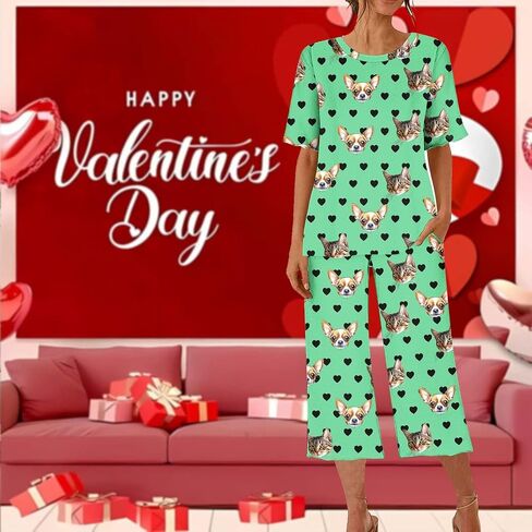 Valentines Pajamas for Women Personalized Capri Pajama Set Cute Heart Custom Photo Short Sleeve Sleepwear with Pocket in Saudi Arabia