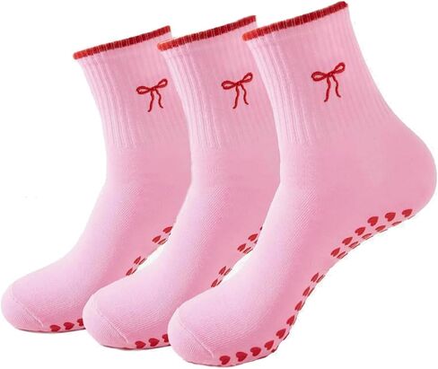 3 Pairs Cute Pilates Socks with Grips for Women Non Slip Yoga Socks Grippy Crew Socks Embroidery Pattern for Workout in Saudi Arabia