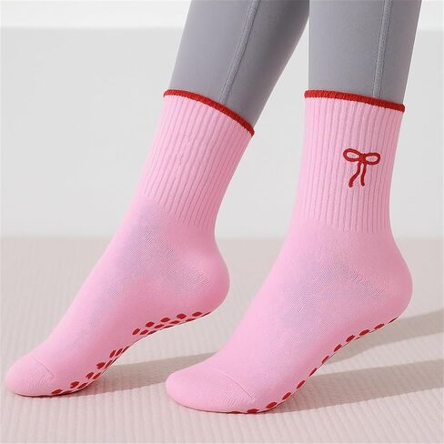3 Pairs Cute Pilates Socks with Grips for Women Non Slip Yoga Socks Grippy Crew Socks Embroidery Pattern for Workout in Saudi Arabia