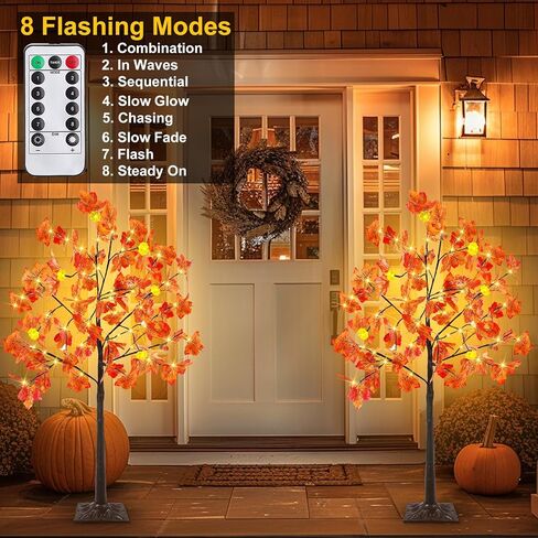 TURNMEON Fall Decor 2 Pack 4 Ft Prelit Lighted Fall Maple Tree with Remote Control Timer 3D Patented Pumpkin Lights 96LED Warm Lights 8 Mode Acorn Thanksgiving Fall Decorations for Home Outdoor Indoor in Saudi Arabia
