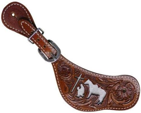 Showman Ladies Tooled Leather Spur Straps w/Cut Out Praying Cowboy & Cowhide in Saudi Arabia