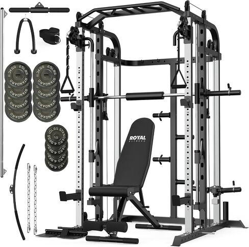 Smith Machine with 140 Lbs Cast Iron Weight Plates Home Gym, Squat Rack with LAT Pull Down System, Power Cage with Smith Bar, Black in Kuwait
