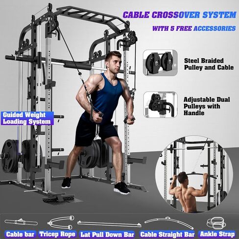 Smith Machine with 140 Lbs Cast Iron Weight Plates Home Gym, Squat Rack with LAT Pull Down System, Power Cage with Smith Bar, Black in Kuwait