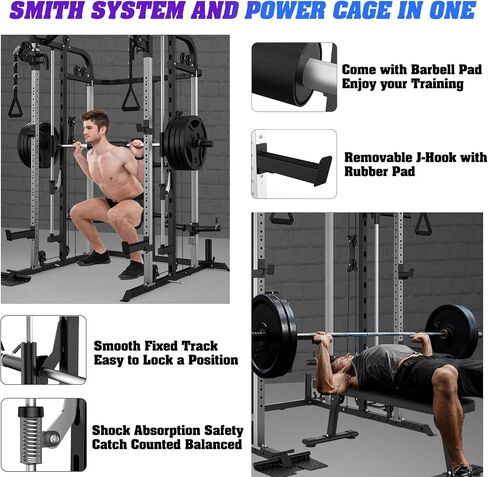 Smith Machine with 140 Lbs Cast Iron Weight Plates Home Gym, Squat Rack with LAT Pull Down System, Power Cage with Smith Bar, Black in Kuwait