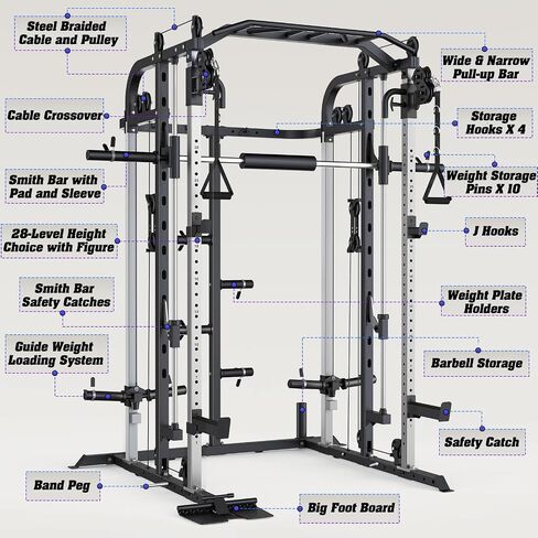 Smith Machine with 140 Lbs Cast Iron Weight Plates Home Gym, Squat Rack with LAT Pull Down System, Power Cage with Smith Bar, Black in Kuwait