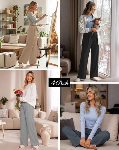 4 Pack Women's Lounge Pants Wide Leg Yoga Pants with Pockets Drawstring Workout Sweatpants Casual Jogger Multipack in Saudi Arabia
