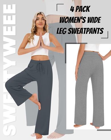 4 Pack Women's Lounge Pants Wide Leg Yoga Pants with Pockets Drawstring Workout Sweatpants Casual Jogger Multipack in Saudi Arabia
