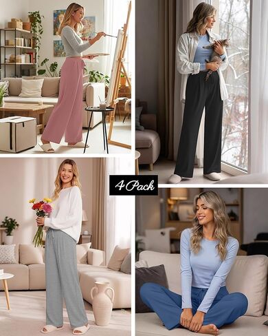 4 Pack Women's Lounge Pants Wide Leg Yoga Pants with Pockets Drawstring Workout Sweatpants Casual Jogger Multipack in Saudi Arabia