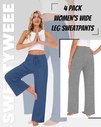 4 Pack Women's Lounge Pants Wide Leg Yoga Pants with Pockets Drawstring Workout Sweatpants Casual Jogger Multipack in Saudi Arabia