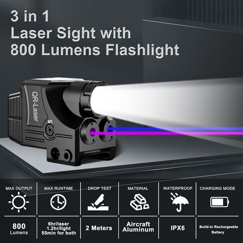 3 in 1 Green Blue Laser Light Combo, 800 Lumens Tactical Flashlight Laser Sight, Built-in USB Rechargeable Battery, Adjustable Compact Tactical LED Light Laser Beams for Handguns with a Rail in Kuwait