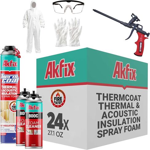 Akfix Thermcoat Fire Rated Spray Foam Insulation Kit 20 sq ft (1x27.1 oz.) - Closed Cell Expanding Wide Sealant Thermal & Acoustic Insulation for Walls and Attic - Gun & Cleaner Included, 1 Pack in Kuwait