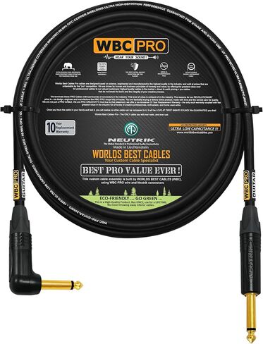10 Foot - WBC-PRO-Guitar – 20 AWG - Low-Cap (18pF/ft) – Pro-Grade – Graphite-Based - Dual-Shielded Guitar, Bass, Instrument Cable with Neutrik Straight to Angled ¼ Inch (6.35mm) Gold TS Connectors in Saudi Arabia