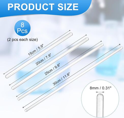 PATIKIL 8 Pcs High Borosilicate Glass Stick, 5.9-11.8" Length 6mm Dia Stirring Rod with Both Ends Round Mixing Tools for DIY Projects Lab Kitchen Science, Clear in Saudi Arabia