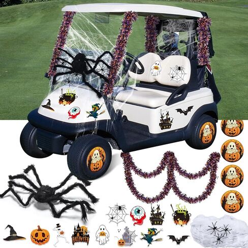 Soulchen 20 Pcs Halloween Golf Cart Decoration Kit Halloween Car Parade Decorations 35.5 Inch Fake Spider Web Decor 2 Pcs 6.6 ft Glitter Tinsel Pumpkin Garland and Sticker for Outdoor Party Decor in Saudi Arabia