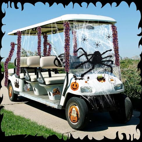 Soulchen 20 Pcs Halloween Golf Cart Decoration Kit Halloween Car Parade Decorations 35.5 Inch Fake Spider Web Decor 2 Pcs 6.6 ft Glitter Tinsel Pumpkin Garland and Sticker for Outdoor Party Decor in Saudi Arabia