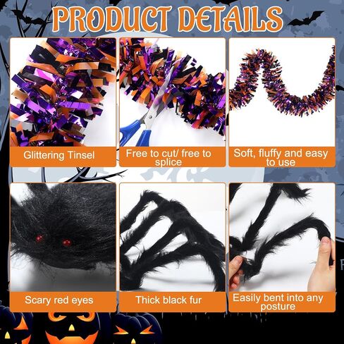 Soulchen 20 Pcs Halloween Golf Cart Decoration Kit Halloween Car Parade Decorations 35.5 Inch Fake Spider Web Decor 2 Pcs 6.6 ft Glitter Tinsel Pumpkin Garland and Sticker for Outdoor Party Decor in Saudi Arabia