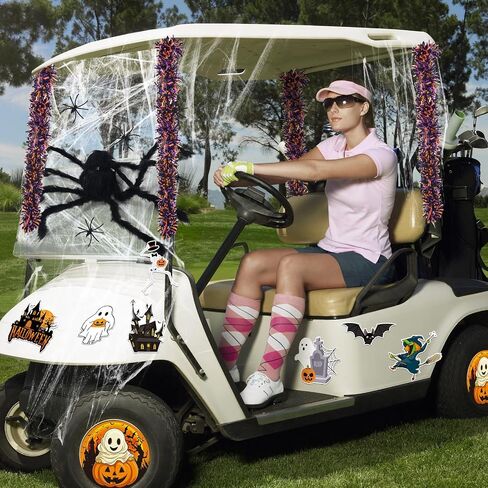 Soulchen 20 Pcs Halloween Golf Cart Decoration Kit Halloween Car Parade Decorations 35.5 Inch Fake Spider Web Decor 2 Pcs 6.6 ft Glitter Tinsel Pumpkin Garland and Sticker for Outdoor Party Decor in Saudi Arabia
