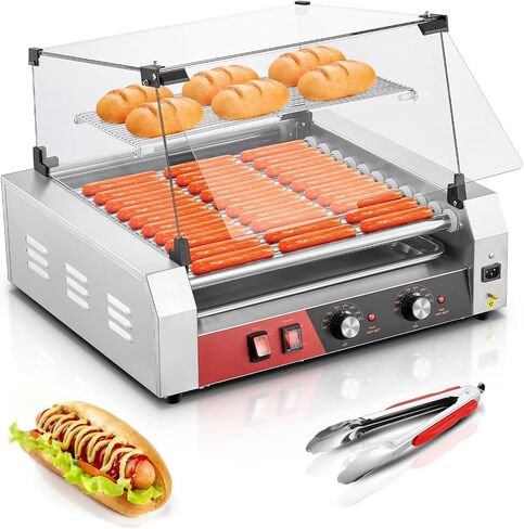 HOUSNAT Hot Dog Roller, 7 Rollers 18 Hot Dog Capacity,1050W Stainless Steel Hot Dog Machine with Bun Shelf, Drip Tray, Glass Cover & Dual Temp Control for for Kitchen, Party, and Canteen Use in Kuwait