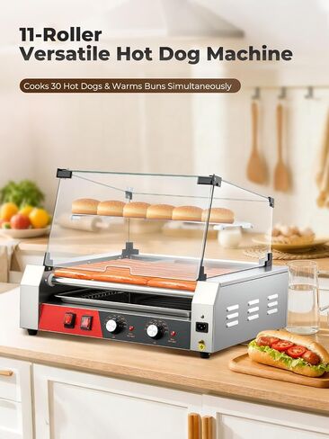 HOUSNAT Hot Dog Roller, 7 Rollers 18 Hot Dog Capacity,1050W Stainless Steel Hot Dog Machine with Bun Shelf, Drip Tray, Glass Cover & Dual Temp Control for for Kitchen, Party, and Canteen Use in Kuwait