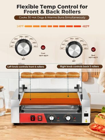 HOUSNAT Hot Dog Roller, 7 Rollers 18 Hot Dog Capacity,1050W Stainless Steel Hot Dog Machine with Bun Shelf, Drip Tray, Glass Cover & Dual Temp Control for for Kitchen, Party, and Canteen Use in Kuwait