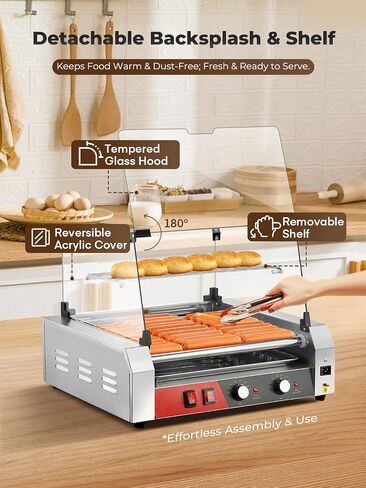 HOUSNAT Hot Dog Roller, 7 Rollers 18 Hot Dog Capacity,1050W Stainless Steel Hot Dog Machine with Bun Shelf, Drip Tray, Glass Cover & Dual Temp Control for for Kitchen, Party, and Canteen Use in Kuwait