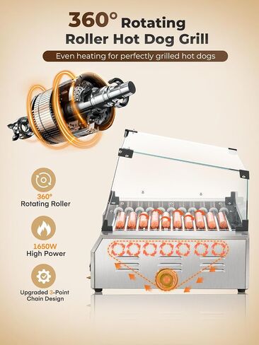 HOUSNAT Hot Dog Roller, 7 Rollers 18 Hot Dog Capacity,1050W Stainless Steel Hot Dog Machine with Bun Shelf, Drip Tray, Glass Cover & Dual Temp Control for for Kitchen, Party, and Canteen Use in Kuwait