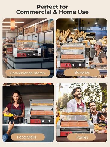 HOUSNAT Hot Dog Roller, 7 Rollers 18 Hot Dog Capacity,1050W Stainless Steel Hot Dog Machine with Bun Shelf, Drip Tray, Glass Cover & Dual Temp Control for for Kitchen, Party, and Canteen Use in Kuwait