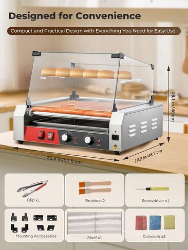HOUSNAT Hot Dog Roller, 7 Rollers 18 Hot Dog Capacity,1050W Stainless Steel Hot Dog Machine with Bun Shelf, Drip Tray, Glass Cover & Dual Temp Control for for Kitchen, Party, and Canteen Use in Kuwait