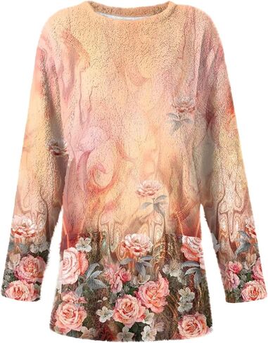Fleece Pullover Women Fuzzy Sweaters for Women Crew Neck Sweatshirts Winter Warm Loungewear Tops with Pockets in Saudi Arabia