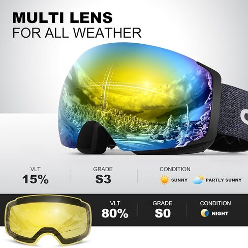 Odoland Magnetic Interchangeable Ski Goggles with 2 Lens, Large Spherical Frameless Snow Snowboard Goggles for Men Women in Saudi Arabia